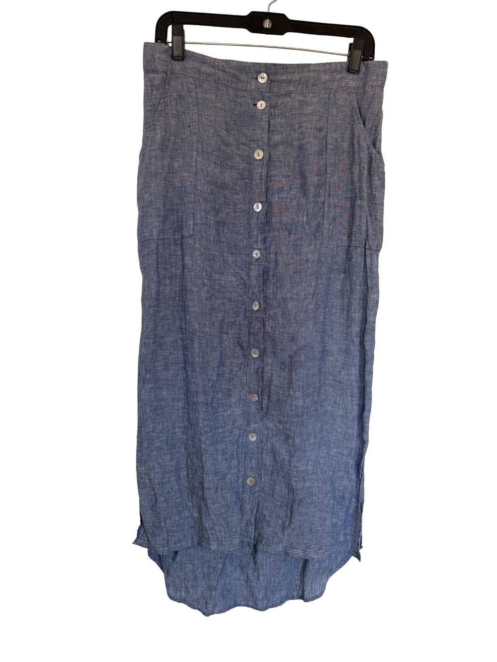 St Tropez West 100% Linen Maxi Skirt Blue Chambray Button Front Pockets Size L - Picture 2 of 6